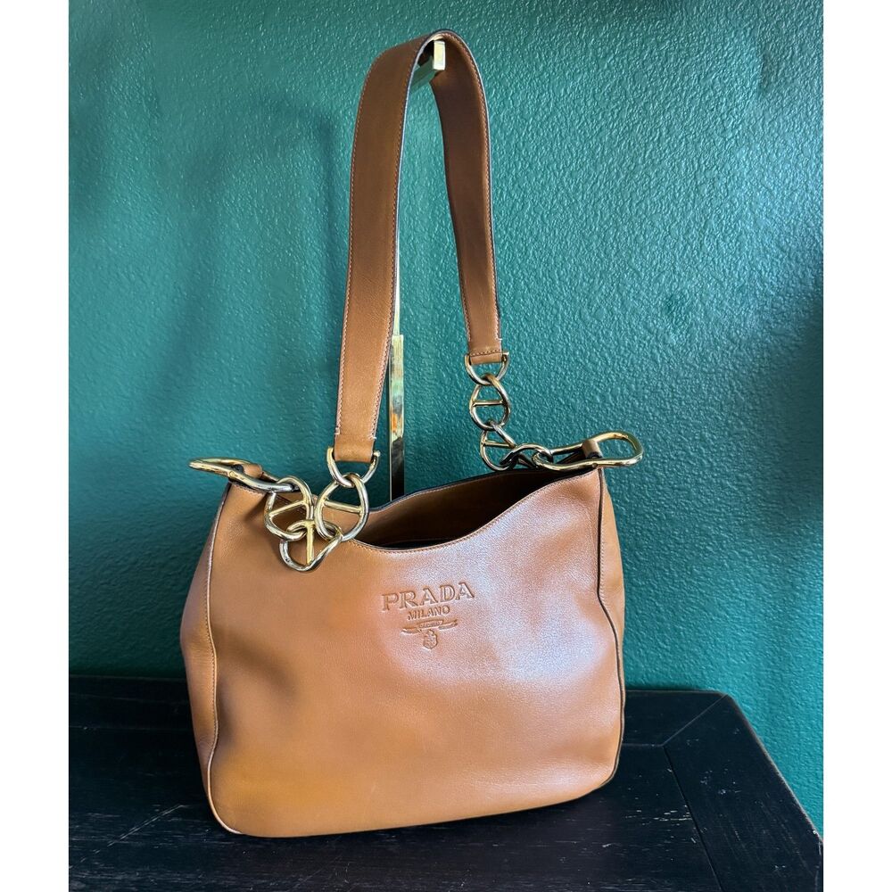 Prada Milano Leather Chain Hobo Shoulder Bag – Cognac Brown